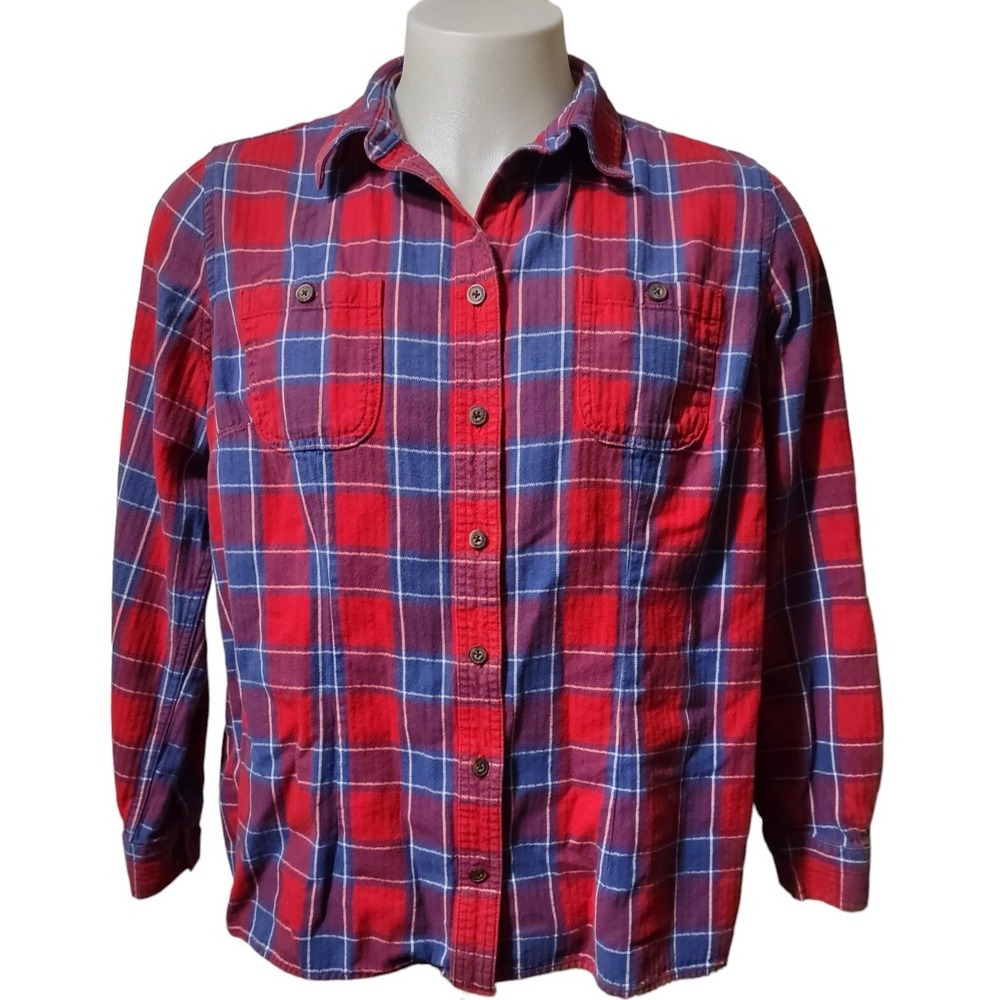 Duluth Trading Co Shirt XL Womens Plaid Red Blue Cabin Core Grunge Flannel Top